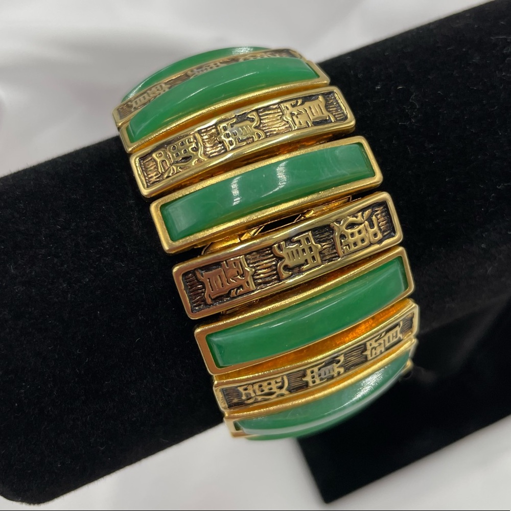 Vintage Asian Panel Bracelet Faux Jade